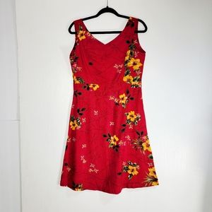 4/$20 Vintage Erika Sleeveless Linen Red Tropical Floral Print Dress Small